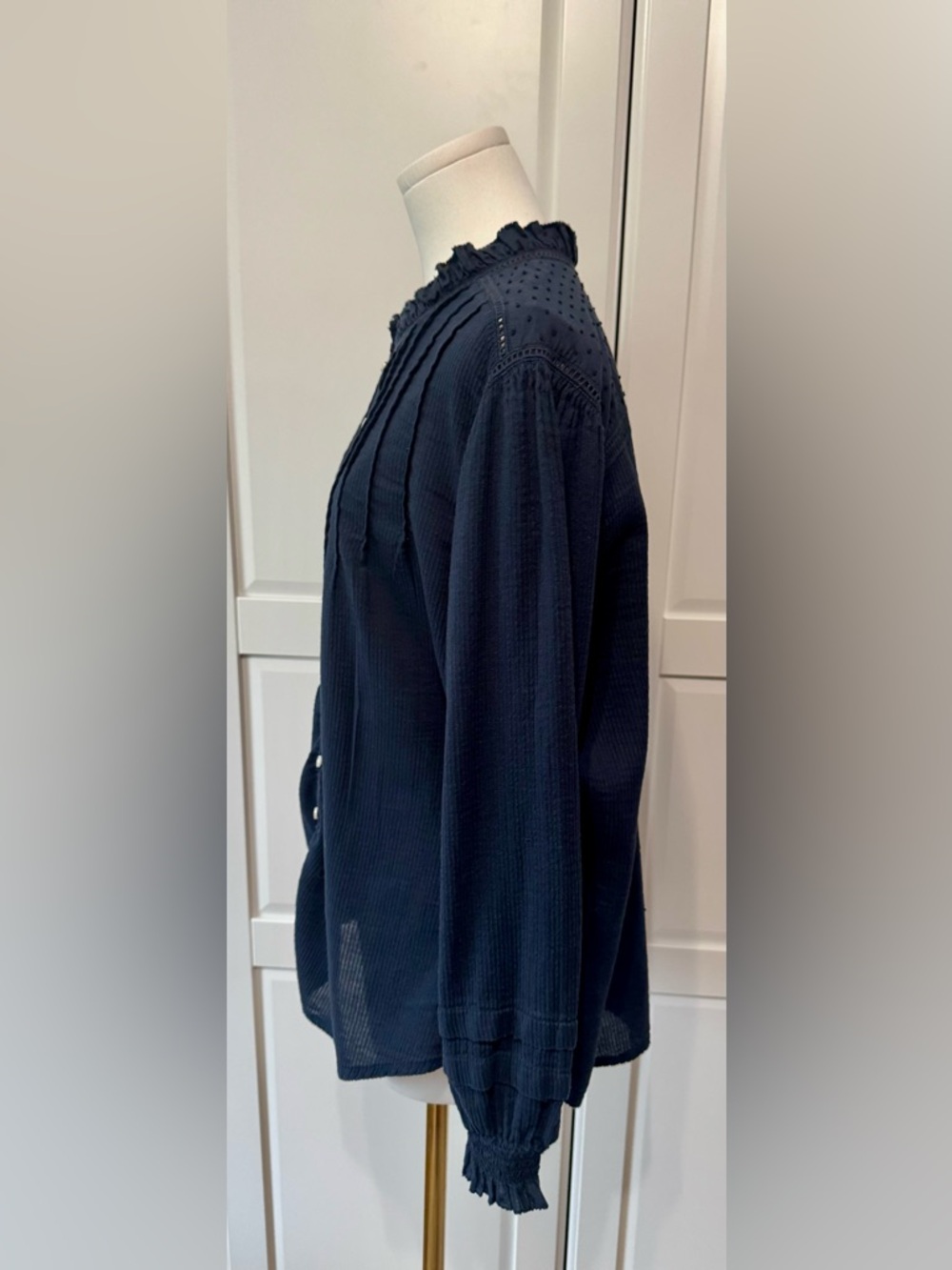 Quince Organic Textured Cotton Peasant Classic Navy Ruffle Sleeve‎ Blouse XL - Picture 8 of 14